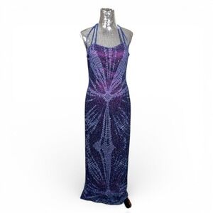 Vintage Y2K Papell Boutique Silk Beaded Maxi Halter Gown Small Party Cocktail